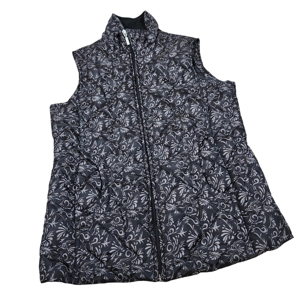 Jane Ashley Quilted Puffer Vest Black Floral Lightweight Sleeveless‎ Jacket